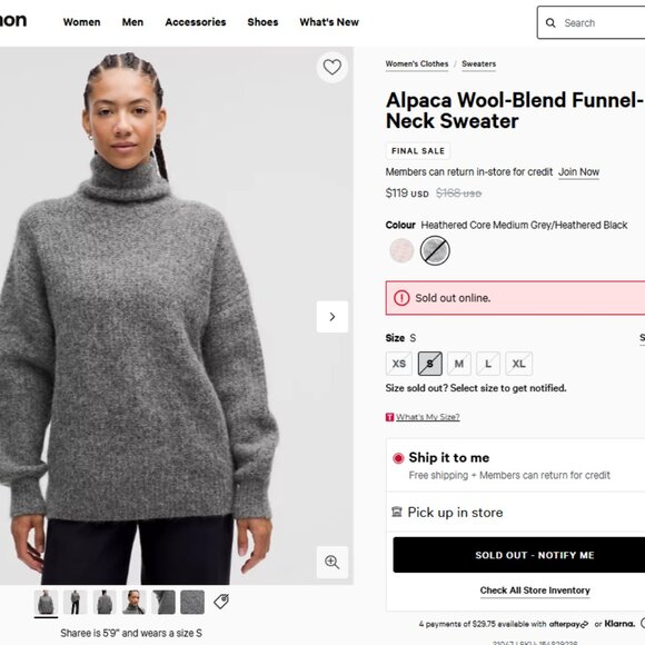 Lululemon Alpaca Wool-Blend Funnel-Neck Sweater - Picture 1 of 8